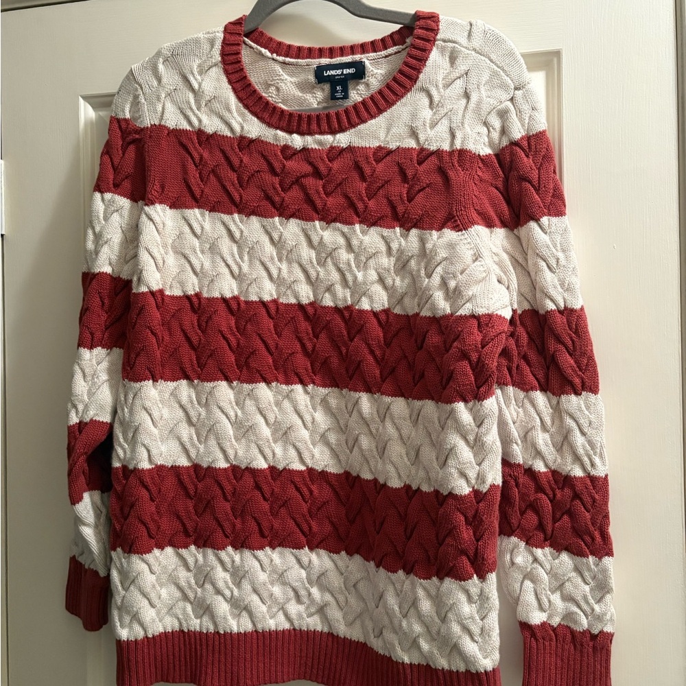 Lands' End Red and Cream Crew Neck Sweater